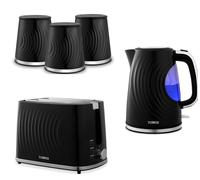 Tower Sonar Black Kettle Toaster Tea Coffee Sugar Canisters Matching Kitchen Set