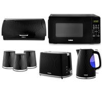 Tower Sonar Black Kitchen Appliance and Storage Set - 1.7L Rapid Boil Kettle, 2 Slice Toaster, 20L 800W Digital Microwave T24045BLK, Bread Bin and Tea Coffee Sugar Canisters