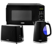 Tower Sonar Black Kitchen Appliance Set - 1.7L Rapid Boil Kettle, 2 Slice Toaster & 20L 800W Digital Microwave T24045BLK, Sonar Ribbed Design with Matching Black Microwave