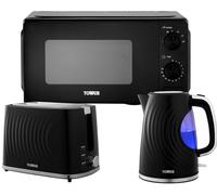Tower Sonar Black Kitchen Appliance Set - 1.7L Rapid Boil Kettle, 2 Slice Toaster & 20L 800W Manual Microwave T24044BLK, Matching Modern Ribbed Design, 3 Piece Bundle