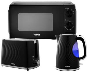 Tower Sonar Black Kitchen Appliance Set - 1.7L Rapid Boil Kettle, 2 Slice Toaster & 20L 800W Manual Microwave T24044BLK, Matching Modern Ribbed Design, 3 Piece Bundle