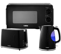 Tower Sonar Black Kitchen Appliance Set - 1.7L Rapid Boil Kettle, 2 Slice Toaster & 20L 800W Manual Microwave T24044BLK, Matching Modern Ribbed Design, 3 Piece Bundle