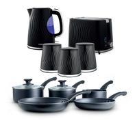 Tower Sonar Smart Start Kitchen Bundle - 3kW 1.7L Kettle & 2 Slice Toaster with 5 Piece Cookware Set & Canisters - Black - EEJB482