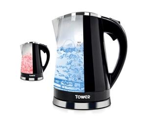 Tower T10012 LED Colour Changing Kettle, 360° Swivel Base, Large Viewing Window, Easy Fill Lid, Removable Filter, 1.7 Litre Capacity, 2200W, Black
