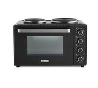 Tower T14044 Mini Oven with Dual Hot Plates, Adjustable Temperature Control, 90 Minute Timer, Baking Tray and Wire Rack, Black with Silver Accents, 32 Litre