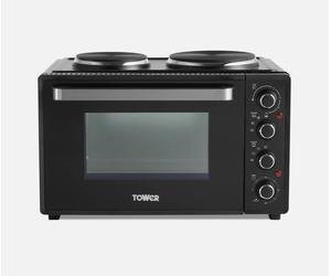 Tower T14044 Mini Oven with Dual Hot Plates, Black with Silver, 32 Litre (C)