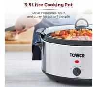 Tower T16039 Slow Cooker with 3 Heat Settings and Removable Dishwasher Safe Pot, Up to 4 Portions, 3.5 Litre, Stainless Steel