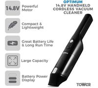 Tower T527000 Optimum 14.8V Handheld Vacuum Cleaner Cordless with a large 0.5L capacity and powerful motor, 200W