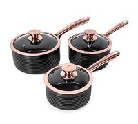 Tower 3pc Linear Non-Stick Saucepan Set | Black & Rose Gold Aluminium Pans