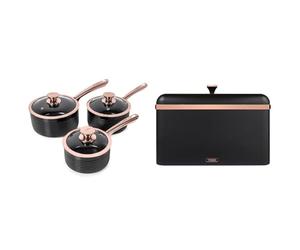 Tower T800001RB Linear Non Stick Induction Saucepans Sets with Lids, Easy Clean, Black and Rose Gold & T826130BLK Cavaletto Bread Bin with Removable Lid, Large Capacity, Durable Steel Body, Black