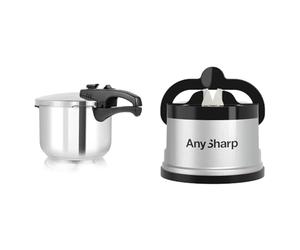 Tower T80244 6L/22cm Pressure Cooker with Steamer Basket, Stainless Steel, Silver & AnySharp Knife Sharpener, Hands-Free Safety, PowerGrip Suction, Safely Sharpens All Kitchen Knives