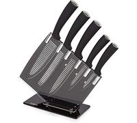 Tower T80706 Kitchen Set with Acrylic Knife Block, Black and White Groove Blades Handles, 5-Piece, Stainless Steel