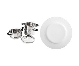 Tower T80836 Essentials Induction Steamer Pans 3 Tier with Glass Lid, Silicone Handles & Amazon Basics 6-Piece White Dinner Plate Set, 10.5 inches