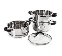 Tower T80836 Essentials Induction Steamer Pot 3-Layer with Glass Lid and Silicone Handles Potato Steamer Stainless Steel with Polished High Gloss Surface 18 cm Silver