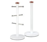 Tower T826002RW Linear Kitchen Roll Holder and Mug Tree with Weighted Base, Stainless Steel, White and Rose Gold, 15 x 15 x 36.5 cm
