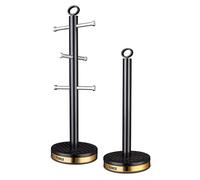 Tower T826092BLK Empire Mug Tree and Towel Pole Set, Stainless Steel, Anti-Slip, Black and Brass