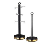 Tower T826092BLK Empire Mug Tree and Towel Pole Set, Stainless Steel, Anti-Slip, Black and Brass
