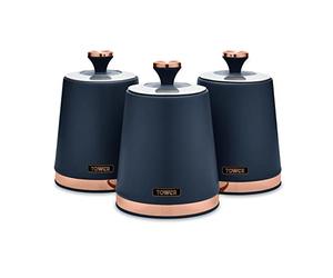 Tower T826131MNB Cavaletto Set of 3 Storage Canisters for Tea/Coffee/Sugar, Steel, Midnight Blue and Rose Gold
