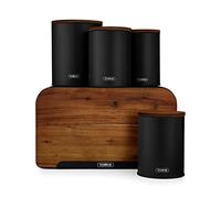 Tower T826140BLK Scandi 5 Piece Acacia Wood Storage Set with Bread Bin, Biscuit Barrel, Canisters, Black