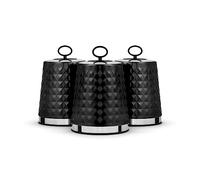 Tower T826207BLK Solitaire Set of 3 Canisters, Mirror Finished Steel Lid with Round Loop, Airtight, Black, Stainless Steel, 1.3 liters