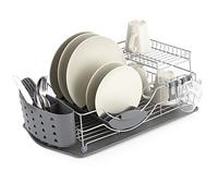 Tower T847002 Compact 2-Tier Dish Rack with Cutlery Drainer, Removable Draining Tray, Colour Coated Steel, Grey , 33 x 61 x 24 cm