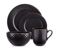 Tower T867002BLK Empire 16 Piece Dinnerware Set, Stoneware, Black and Brass