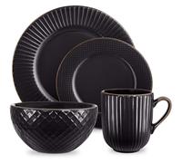 Tower Empire 16 Piece Dinnerware Set, Stoneware, Black & Brass