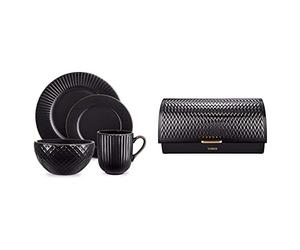 Tower T867002BLK Empire 16 Piece Dinnerware Set, Stoneware, Black and Brass & T826090BLK Empire Roll Top Bread Bin, Stainless Steel, Black and Brass, One Size