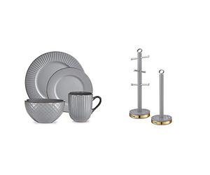 Tower T867002GRY Empire 16 Piece Dinnerware Set, Stoneware, Grey and Brass & T826092GRY Empire Mug Tree and Towel Pole Set, Stainless Steel, Anti-Slip, Grey and Brass