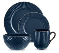 Tower T867002MNB Empire 16 Piece Dinnerware Set, Stoneware, Midnight Blue & Brass