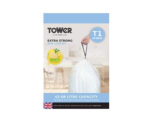 Tower T878000 42-58L Lemon Scented Heavy Duty Drawstring Bin Liners, 20 Pack, White