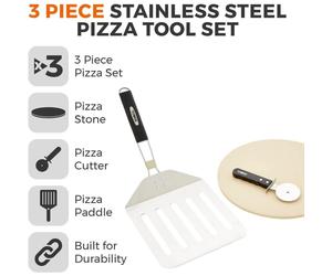 Tower T932025 3pc BBQ Pizza Tool Set includes Pizza Stone, Cutter, Paddle, Suitable for 12ins Pizzas, Stainless Steel