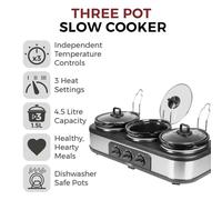 Tower Three Pot Slow Cooker, 4.5L, T16015, Stainless Steel, Black