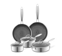 Tower Ti-Clad 5 Piece Family Cooking Set, Grey | HyTech™ Hybrid Cooking, Titanium Tri-Ply, CeramiShield™ Pro, 16/18cm Saucepans, 24/28cm Frying Pans, 28cm Multi-Pan, EEJB525