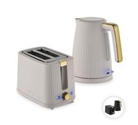 Tower Velora Kettle & Toaster Set, 1.7L 3kW Rapid Boil Kettle & 2 Slice Toaster with 7 Browning Levels, Ribbed Design with Gold Accents, Matte Stone, EEJB491