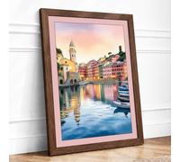 Town at Dawn Coastal Framed Wall Art Print A2 (59.4×42cm) Walnut, Wall Decor for Living Room, Bedroom, Office & Home, Ready to Hang, Art Gift