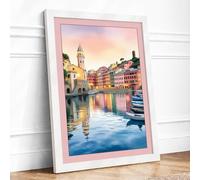 Town at Dawn Coastal Framed Wall Art Print A2 (59.4×42cm) White, Wall Decor for Living Room, Bedroom, Office & Home, Ready to Hang, Art Gift