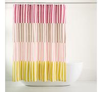 TOWN & COUNTRY PLAY Adeline Offset Stripe Cotton-Rich Breathable Fabric Shower Curtain with Anti-Rust Grommets, Pink/Beige/Yellow, 70"x72"