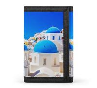 Town on Santorini Island Greece Famous Houses and Churches Trifold Wallet, Stylish Purse with Keychain, Credit Pass Case Card-Holder for Crash Bills Receipts Women Men 5 x 3.3 x 0.2 Inch
