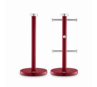 Swan Townhouse Kitchen Towel Pole and 6 Mug Tree Set with Colour Coated Iron, Chrome Accents and Weighted Bases, Red