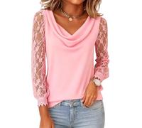 Townshine Women's Summer Three Quarter Sleeve Dramatic Neck Top, Lace and Sheer Mesh Trim, Solid Color, Pink, XXL