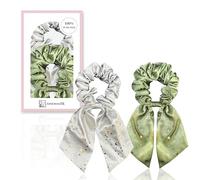 townssilk Silk Scrunchie Set of 2 with Bow, 100% Mulberry Silk Hair Scrunchie, Voluminous & Gentle, Oeko-Tex Certified - Silver + Meadow Green