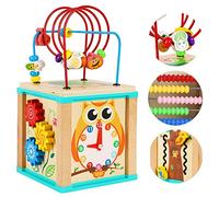 TOWO Wooden Activity Cube Bead Maze, 5-in-1 Learning Toy for Babies