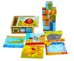 TOWO Wooden Blocks Cube Puzzles for Kids - Wooden Cube Jigsaw Puzzles 9 Cubes Blocks 6 Wild Animals Pictures in a Box - Toys Gift Stocking Fillers Stuffers for 2 years old