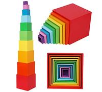 TOWO Wooden Stacking Boxes, Rainbow Nesting Sorting Cups for Toddlers