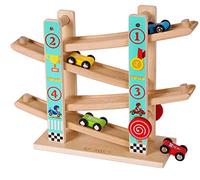 TOWO Wooden Zig Zag Car Ramp Toy, Slide Track with 4 Cars
