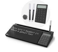 TOWON Desktop Glass Whiteboard with Basic Calculator, 12 Digit LCD Display, Desk Organizers with Accessories for Office, Home, School Supplies, Storage with Dry Erase Board Surface, Black, 17'' x 6''