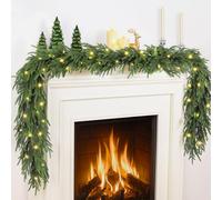 TOWPONICS 2 Pcs Prelit Christmas Norfolk Pine Garland with Lights, 6FT Battery Operated Real Touch Artificial Green Garlands for Table, Mantle, Stairs, Fireplace, Indoor & Outdoor Xmas Decorations