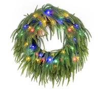 TOWPONICS 24” Pre-Lit Christmas Wreaths for Front Door, Norfolk Pine Wreath with 50 LED RGB String Lights Battery Operated, Artificial Christmas Garland Green Wreath for Indoor, Outdoor Decor, 1 Pack