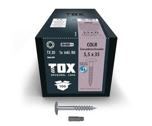 TOX Colr 113087415535/AG Facade Screws 5.5 x 35 mm, Screws for Facade Panels Made of A4 Stainless Steel with Coloured Flat Head, Corrosion- and UV-Resistant, Pack of 100 in Box with 1x Bit